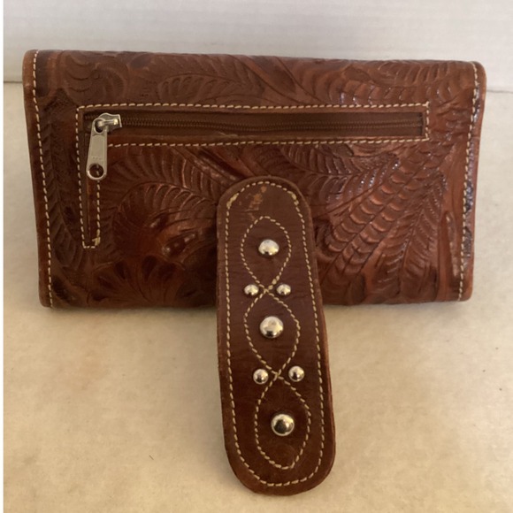American West Genuine Leather Western Tooled Wallet Brown Snap Closure - Picture 13 of 16